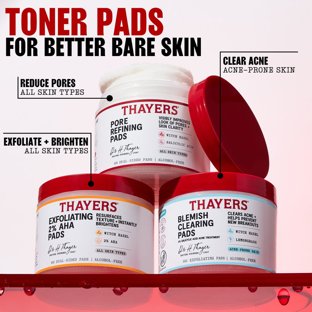 THAYERS Exfoliating 2% AHA Toner Pads, Dual-Sided Exfoliating Pads with Witch Hazel, Glycolic Acid, Lactic Acid to Resurface Skin Texture and Instantly Brighten, For All Skin Types, 60 Count