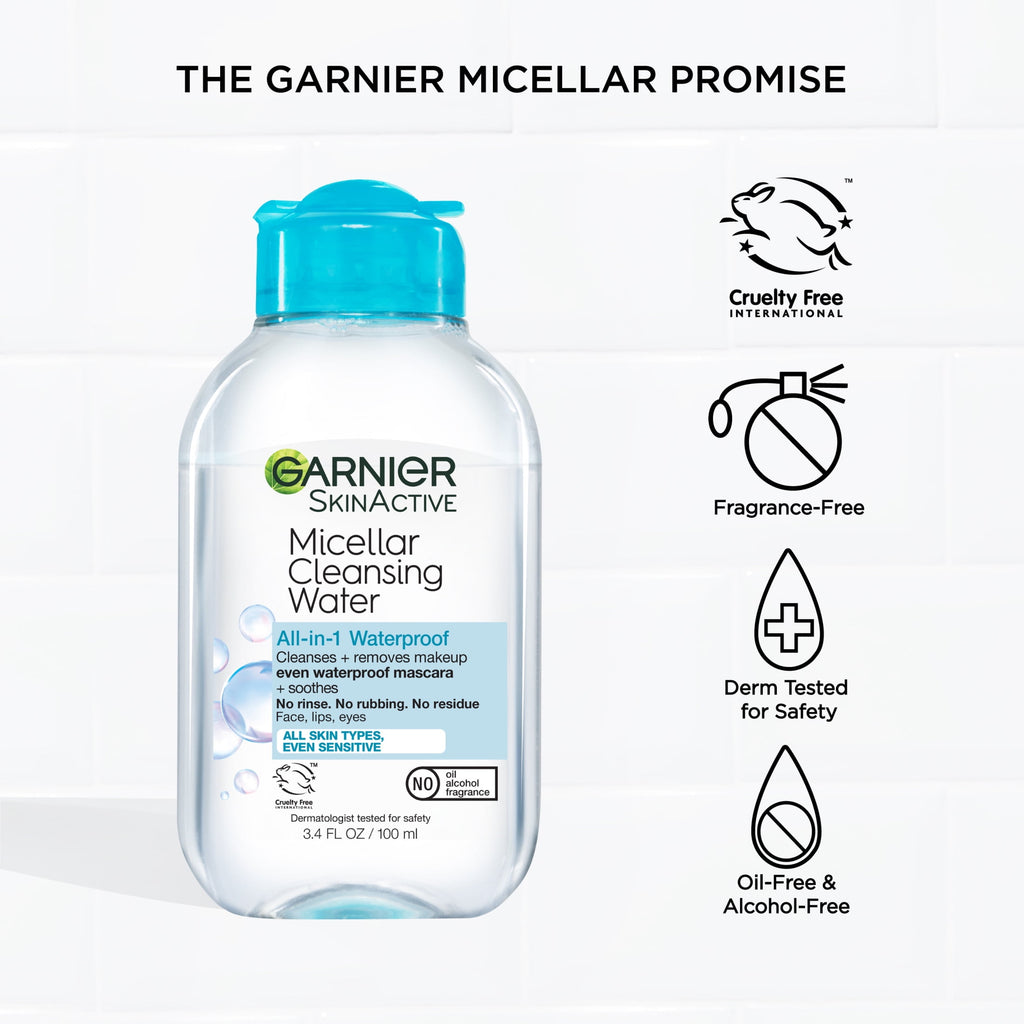 Garnier SkinActive Micellar Cleansing Water All in 1 Waterproof Makeup Remover, Face Cleanser, 3.4 fl oz