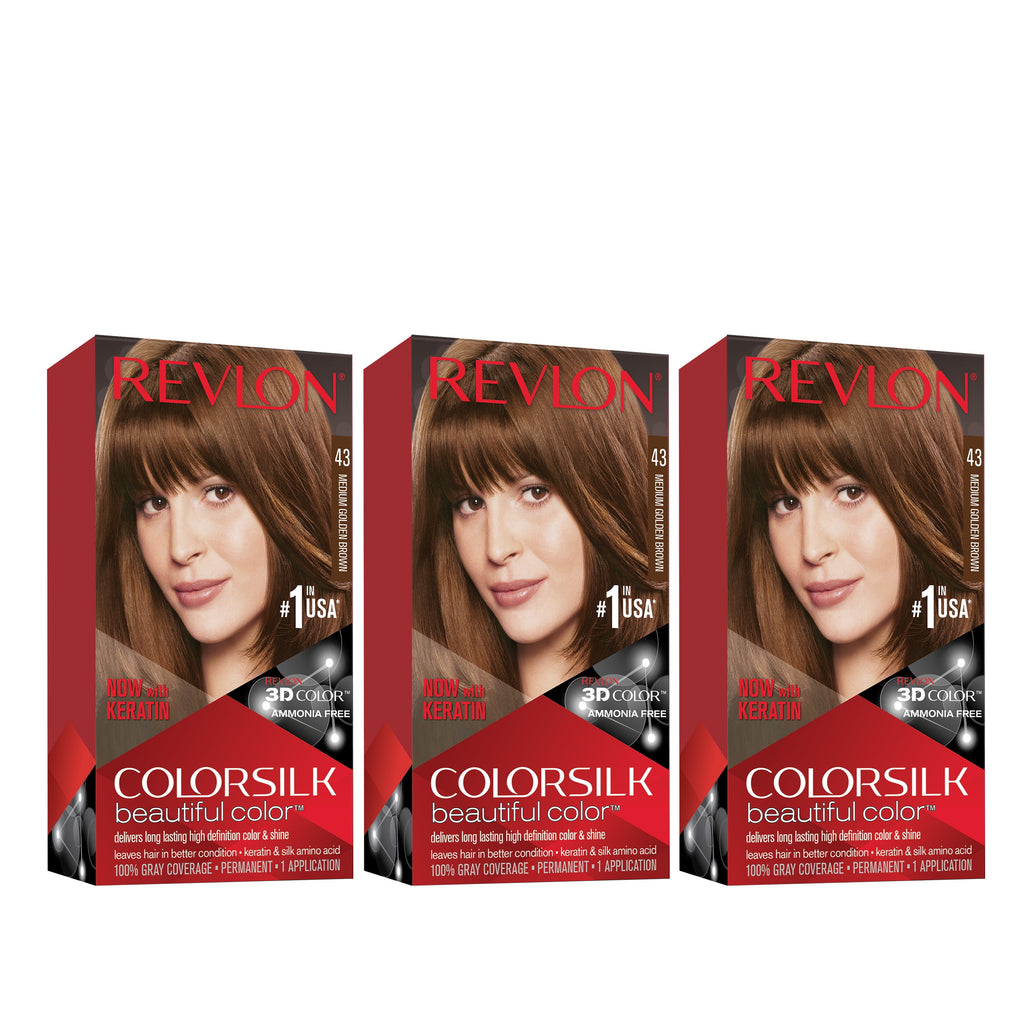 Revlon Colorsilk Beautiful Color Permanent Hair Dye, Dark Brown, At-Home Full Coverage Application Kit, 43 Medium Golden Brown, 3 Pack