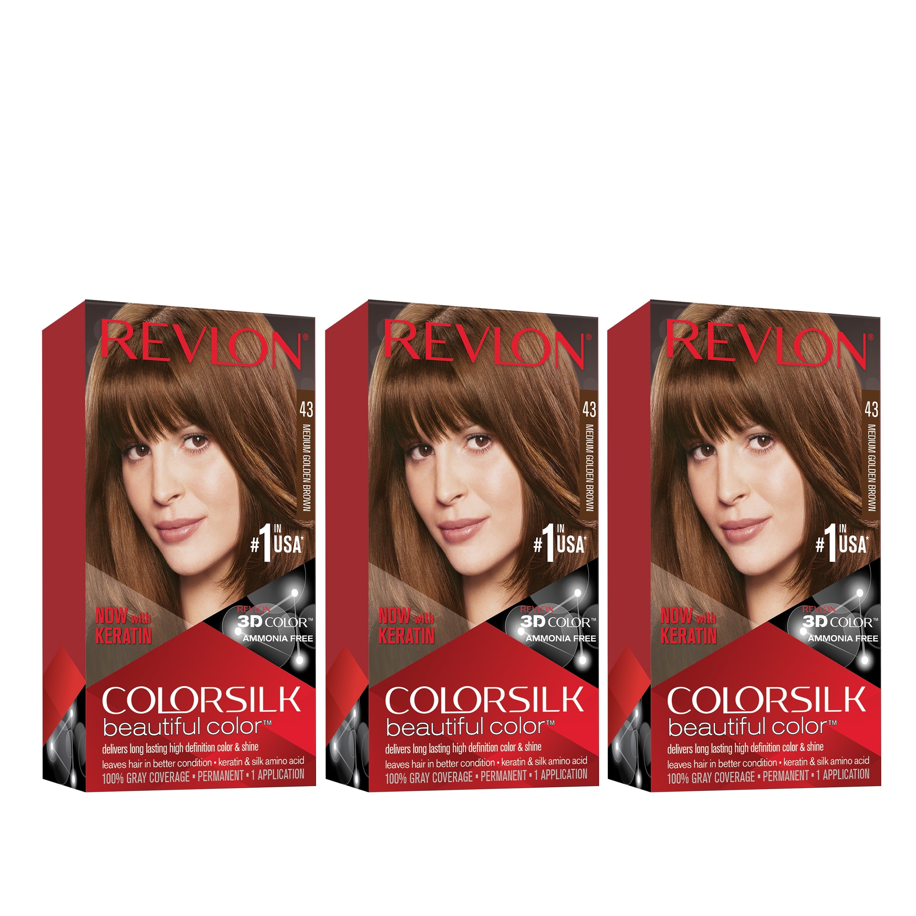 Revlon Colorsilk Beautiful Color Permanent Hair Dye, Dark Brown, At-Home Full Coverage Application Kit, 43 Medium Golden Brown, 3 Pack